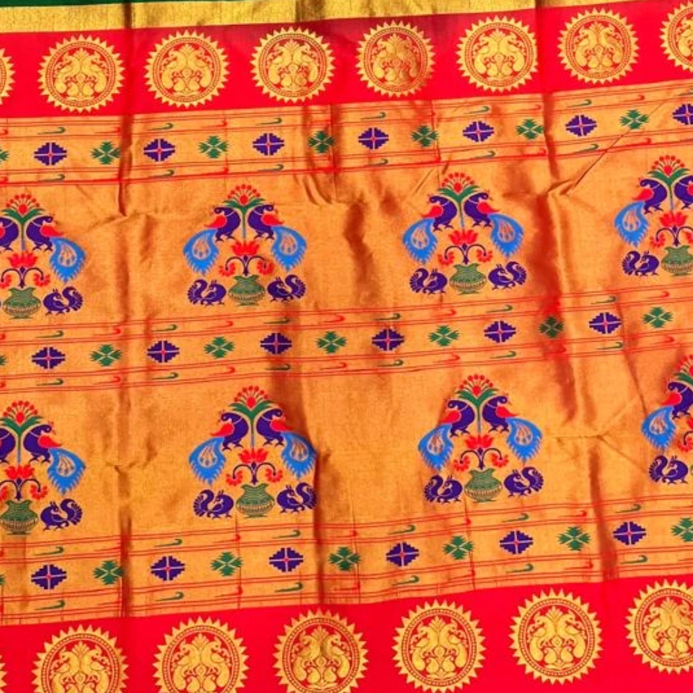 Red Semi Silk Paithani Saree with Peacock Embroidery Blouse