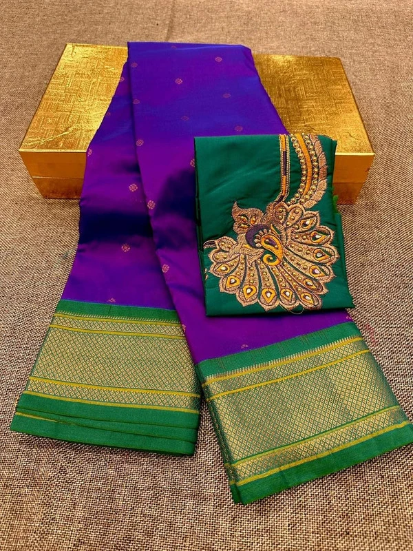 Royal Purple & Green Semi Silk Paithani Saree with Peacock Embroidery Blouse