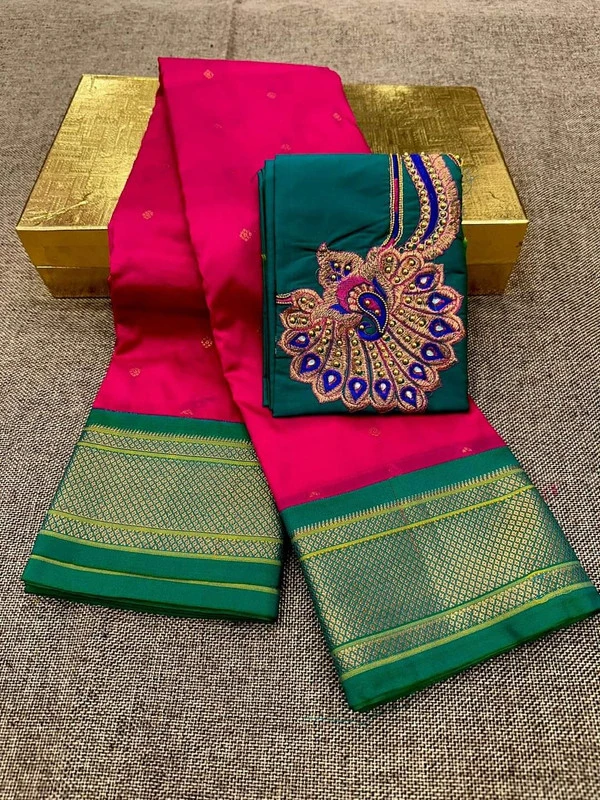 Pink & Green Semi Silk Paithani Saree with Peacock Embroidery Blouse