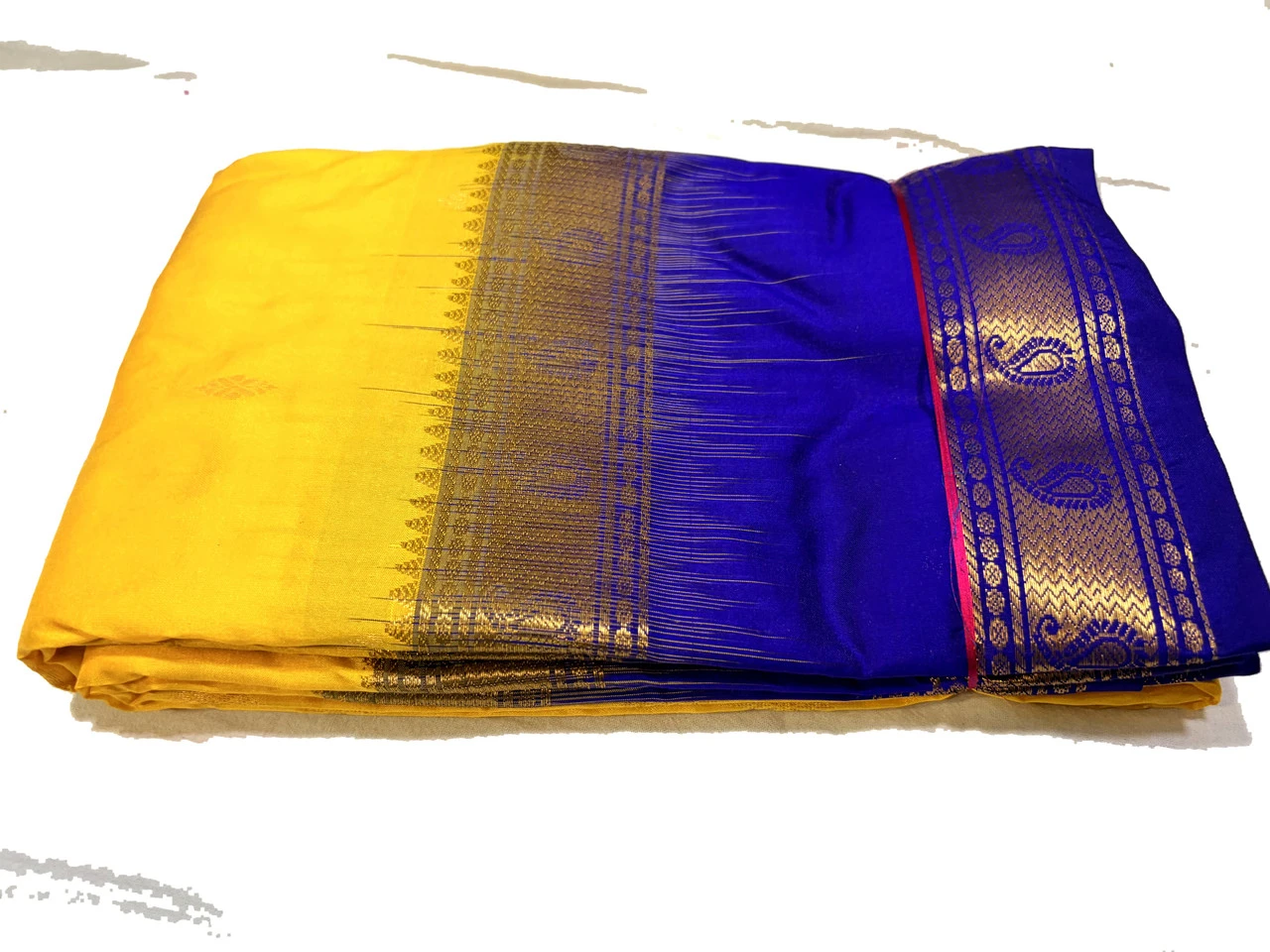 Yellow & Royal Blue Kanchipuram Pure Silk Saree with Blouse