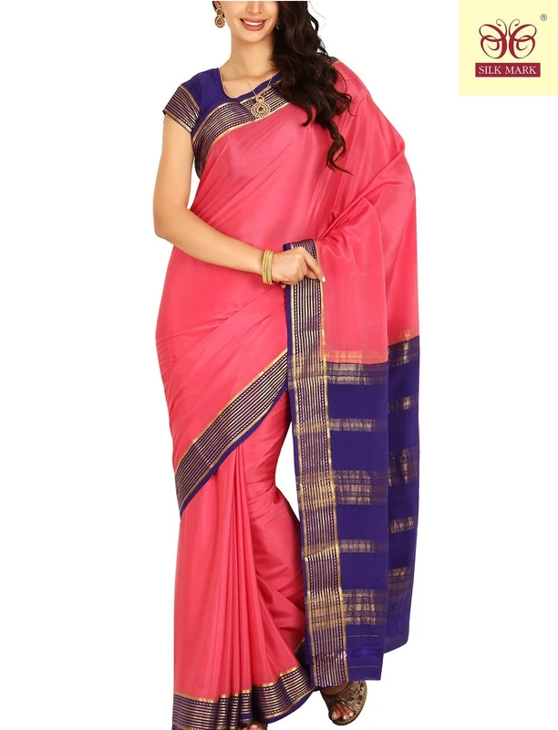 Peach Pink with Royal Blue Contrast MultiLine Border Premium Quality Pure Mysore Silk Saree