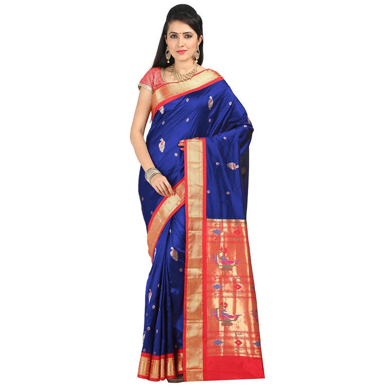 Paithani Pure Silk Royal Blue and Red Border Meena Butta Saree with Silk Mark