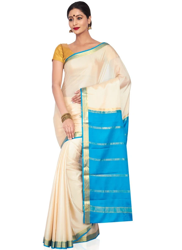 White with Sky Blue Contrast Pure Mysore Silk Handwoven saree