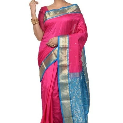 Traditional Kanchipuram Pure Silk Saree in Rani Pink with Anandha Blue Contrast