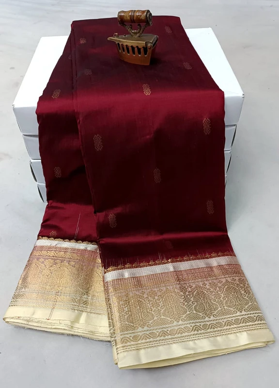 Marron with White Contrast traditional silk saree with zari border for festive and wedding occasions