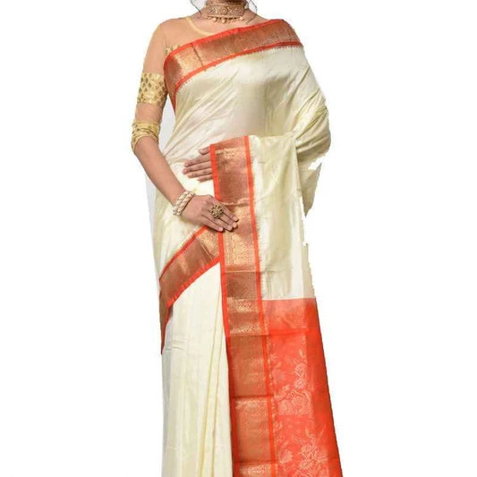 Off white and Red Contrast Traditional Kanchipuram Pure Silk Saree