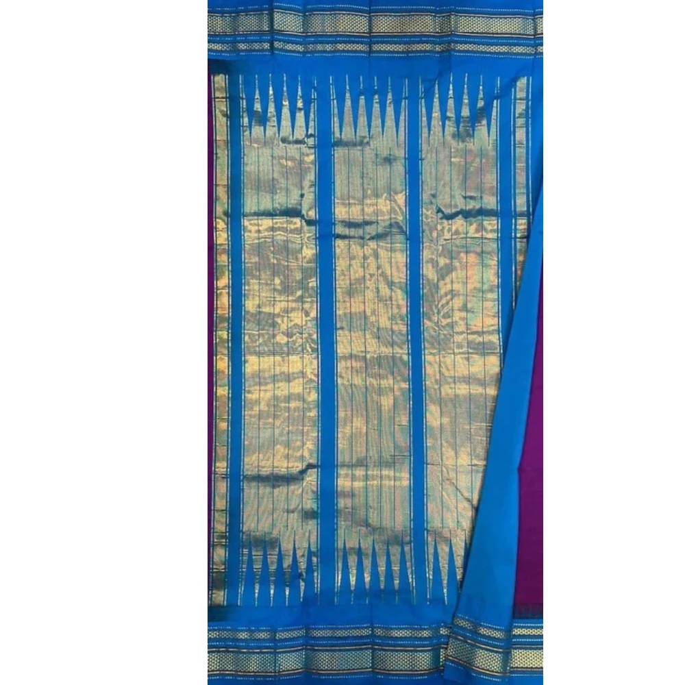 Royal Blue Peach Ilkaal Butta pure silk saree with zari border and traditional weaving