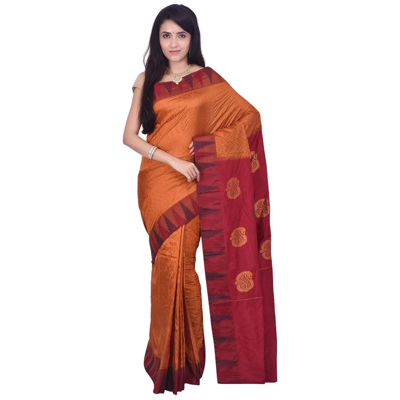 Mustard Orange with Temple Border Kadiyal Variety Handowen Pure Bangalore Silk Emboze Saree