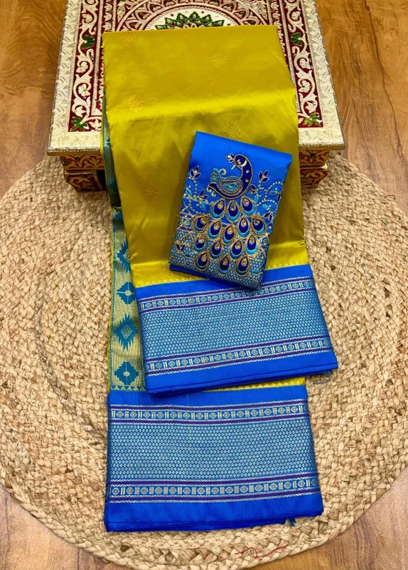 Golden Grey and Ananda Semi Silk Paithani Saree with Peacock Embroidery Designer Blouse