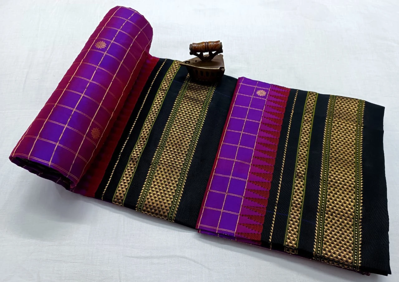 Pure Ilkaal Checks saree in Purple & Black with zari border and traditional woven patterns