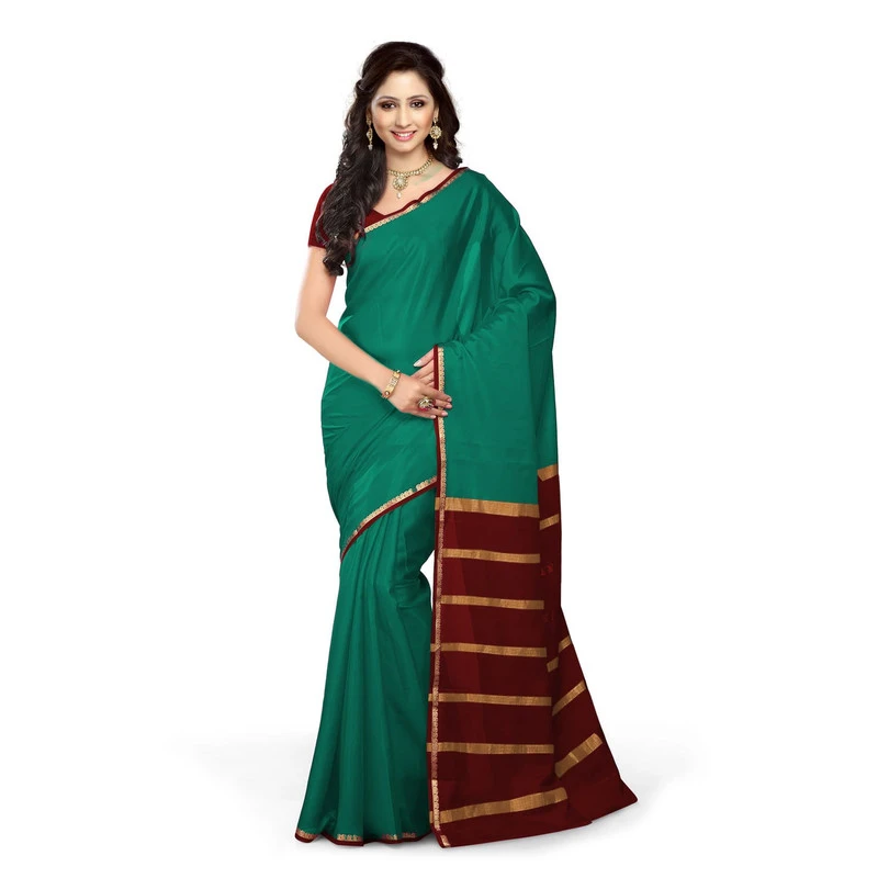 Pure Mysore Silk saree in Rama Green and  Red Contrast Mango Border