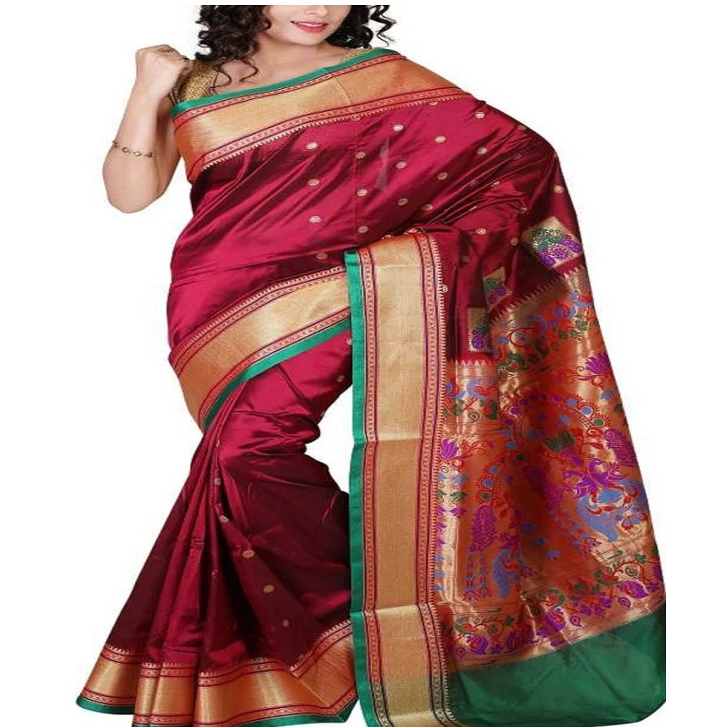 Wine Red and Green Border Kadiyal Variety Woven Paithani Art Silk Saree