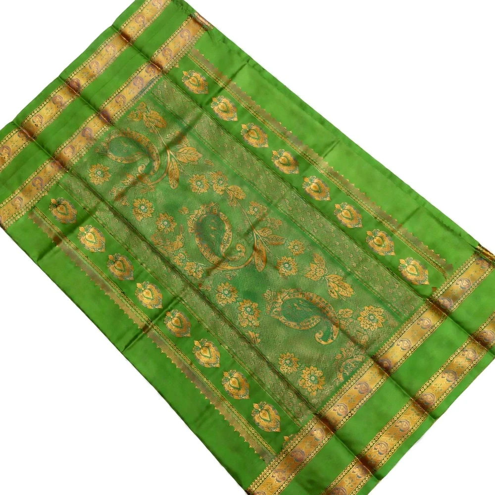 Pink and Lime Green Kanchipuram silk saree with Bentex border and golden motifs