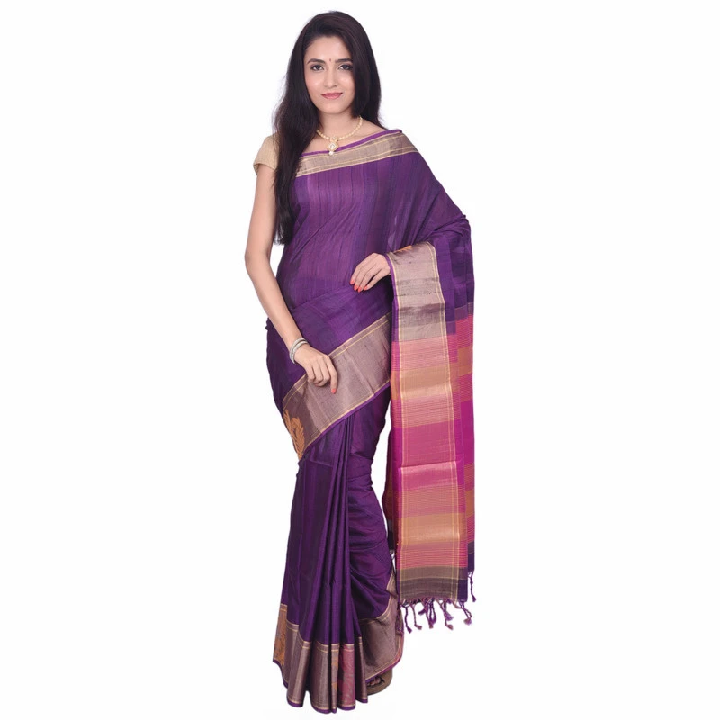 Kanchipuram Dupion Pure Silk  Saree in Peach Purple With Multi Color Pallu Handwoven Saree