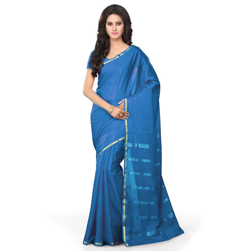 Woven Blue Self Colour Pure Mysore Silk Mango Border Saree with Silk Mark