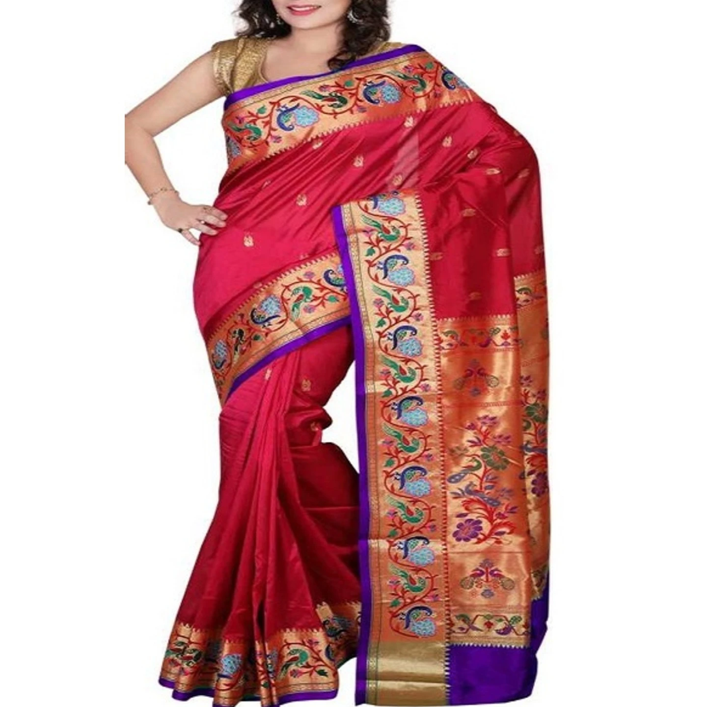 Red and Purple Embroidery Border Paithani Art Silk Saree