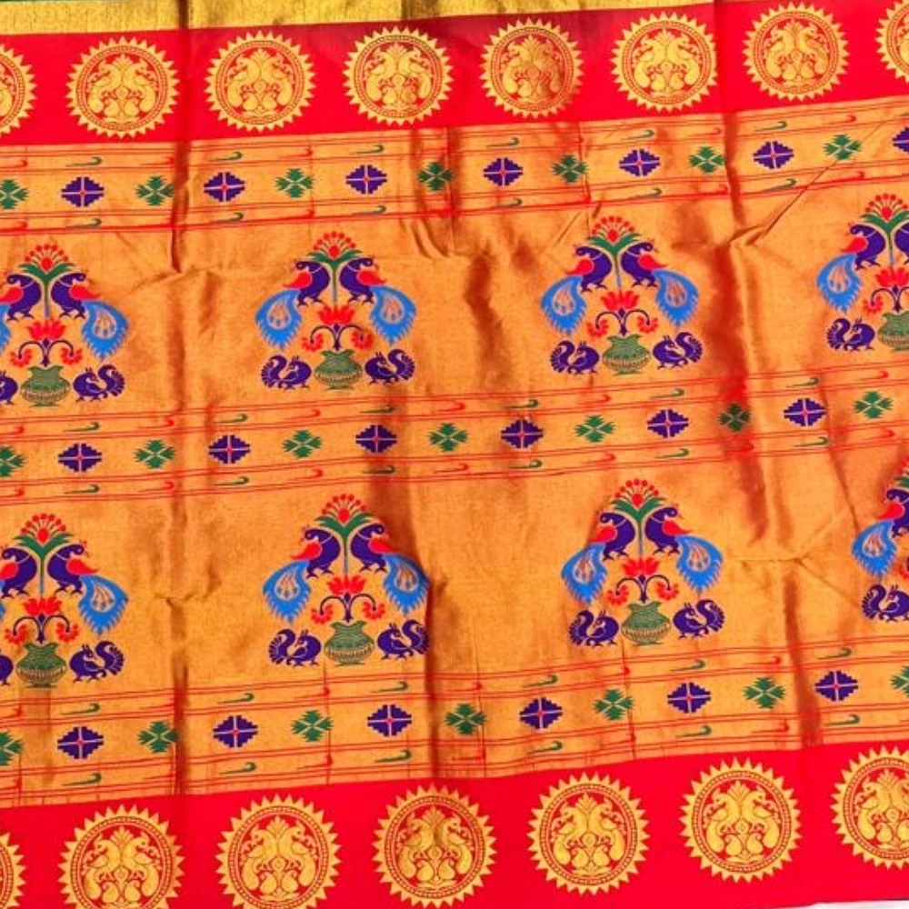 Bright Orange Pure Silk Paithani Saree with Gold Lotus Buti & Deep Red Zari Border