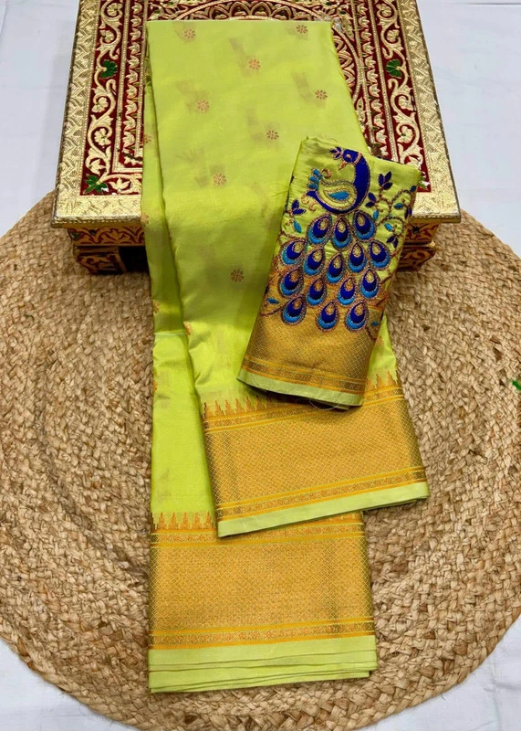 Premium Lime Green Semi Silk Paithani Saree with Peacock Embroidery Blouse