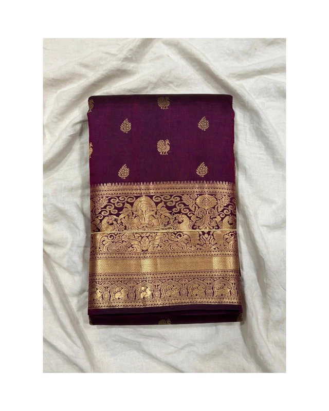 Wine Purple with Elephant Motif Kanchipuram Pure Silk Handloom Saree Silk Mark with Blouse - FabFashionz