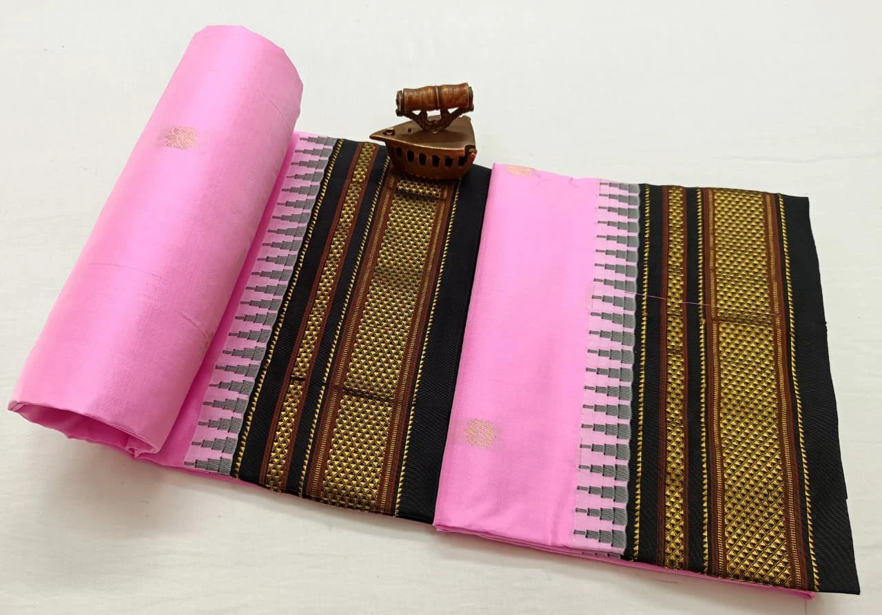 Pink Ilkaal Butta pure silk saree with zari border and traditional woven patterns