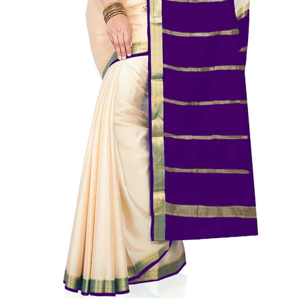 Tussar Cream with Purple Contrast Onam Special Pure Mysore Silk Handwoven saree