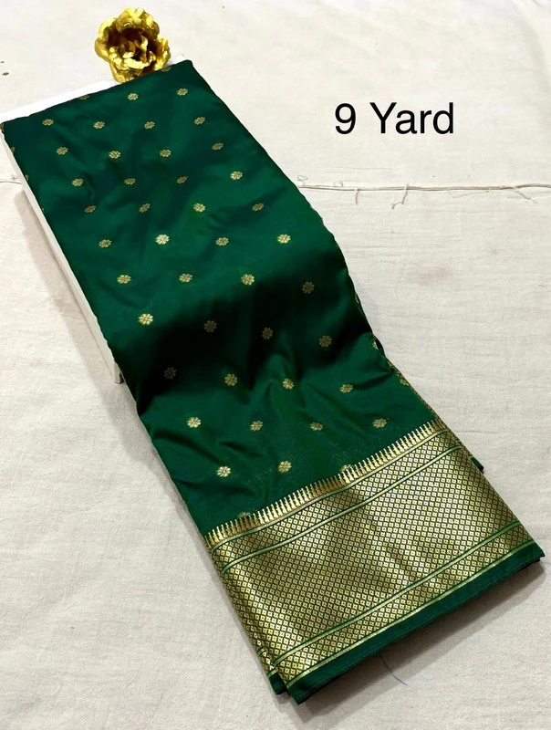 Dark Green Self Border Paithani Pure Silk Saree with Meena Butta weaving and traditional zari border