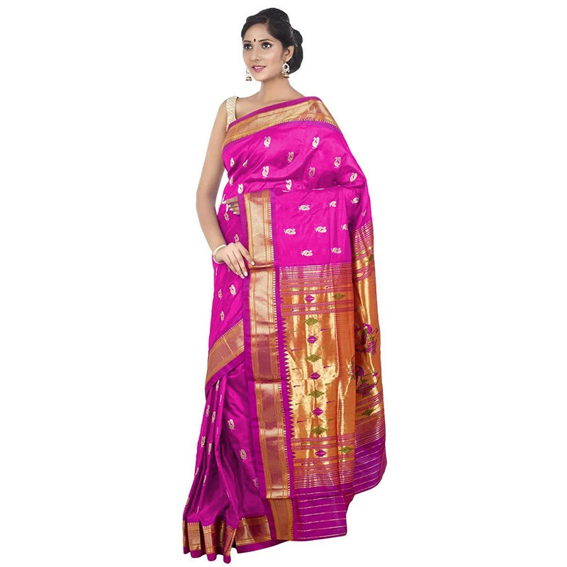 Paithani Pure Silk Rani Pink and Magenta Border Meena Butta Saree with Silk Mark