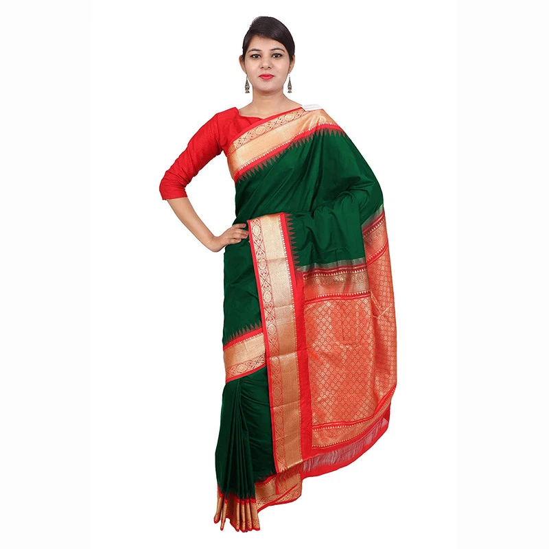 Bottle Green with Red Pallu Handwoven Pure Bangalore Silk Kadiyal Saree with Silk Mark