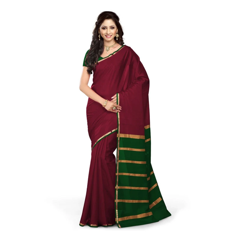 Pure Mysore Silk Saree in Red and Green Contrast Mango Border