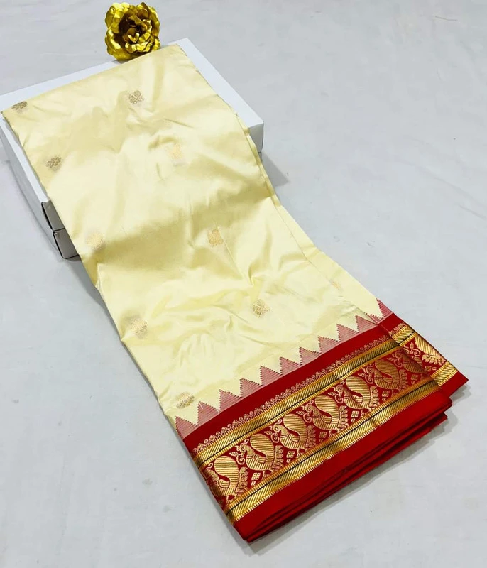 Off White Gadwal Paithani Silk Pure Silk Saree with Rich Contrast Red  Border