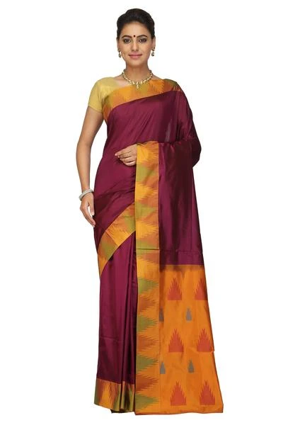 Marron and Brown Temple Border Kadiyal Variety Pure Bangalore Silk Saree