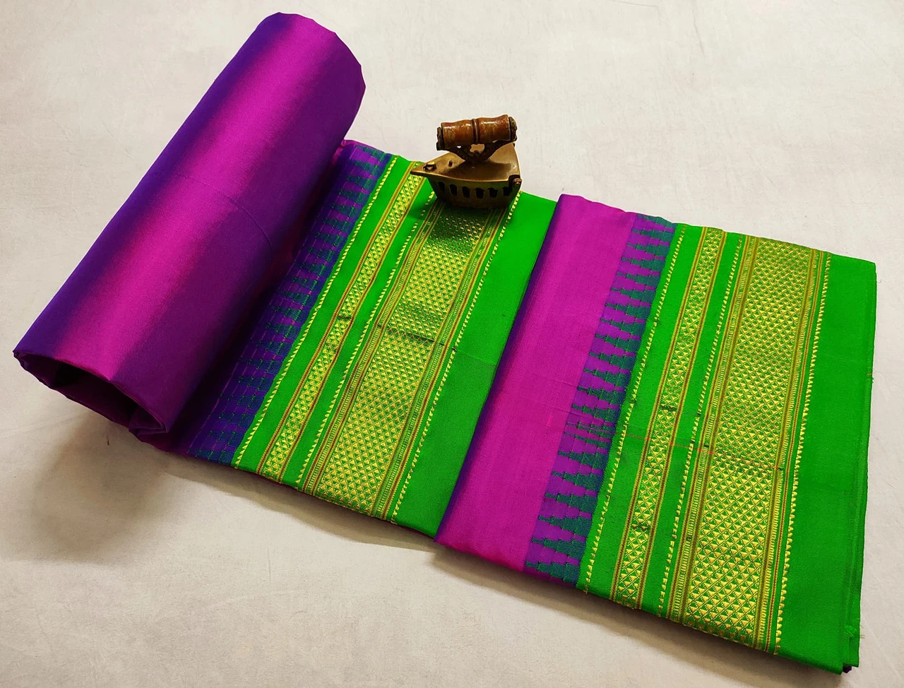 Purple Ilkaal plain pure saree with green contrast zari border traditional handloom design