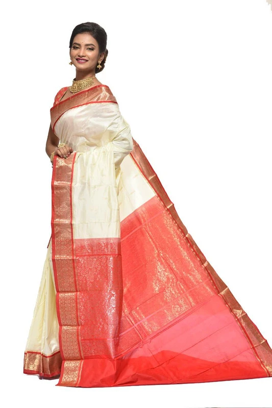 Kanchipuram Pure Silk Saree in Off White with Red Contrast for Durga Pooja