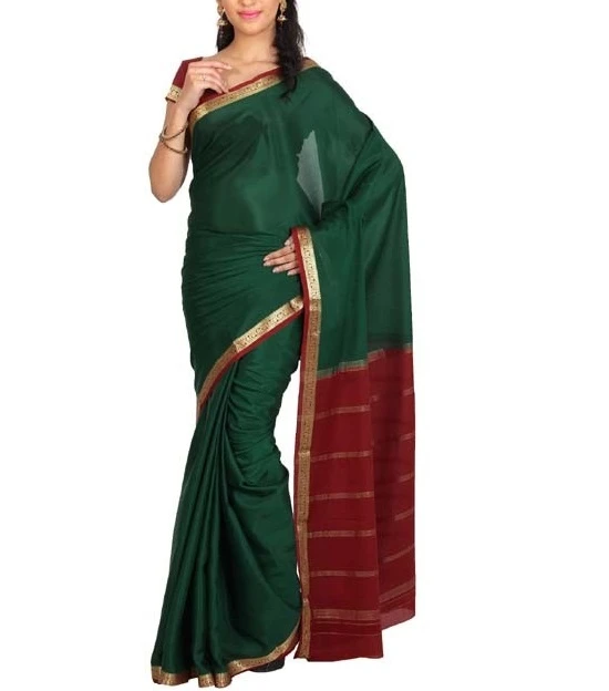 Marron with Green Contrast  Pure Mysore Silk Handwoven saree