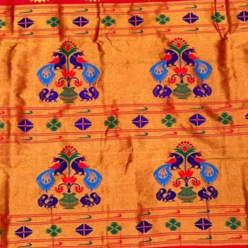Ananda Blue Self Semi Silk Paithani Saree with Peacock Embroidery Designer Blouse