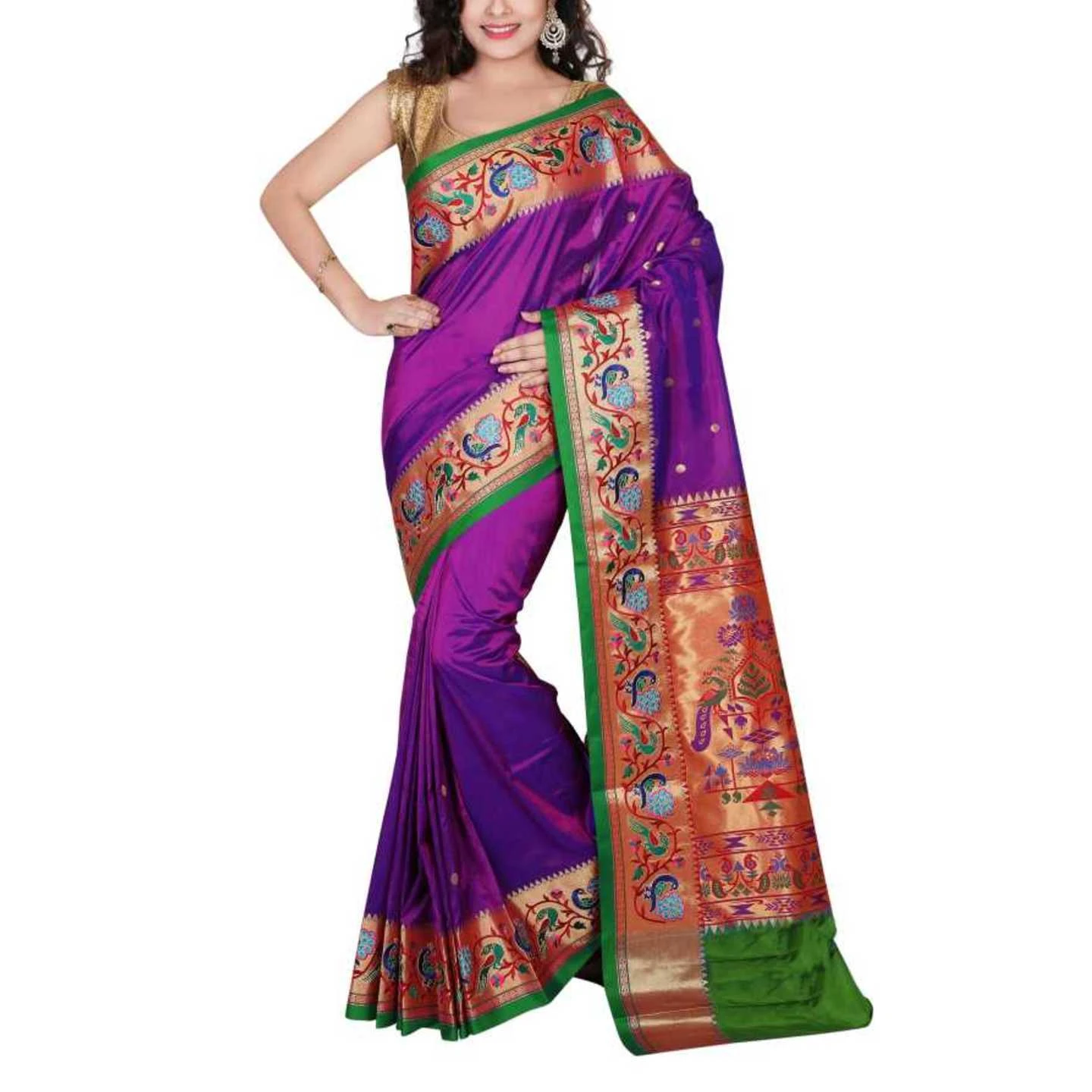 Magenta and Green Latest Fancy Embroidery Border Paithani Art Silk Saree