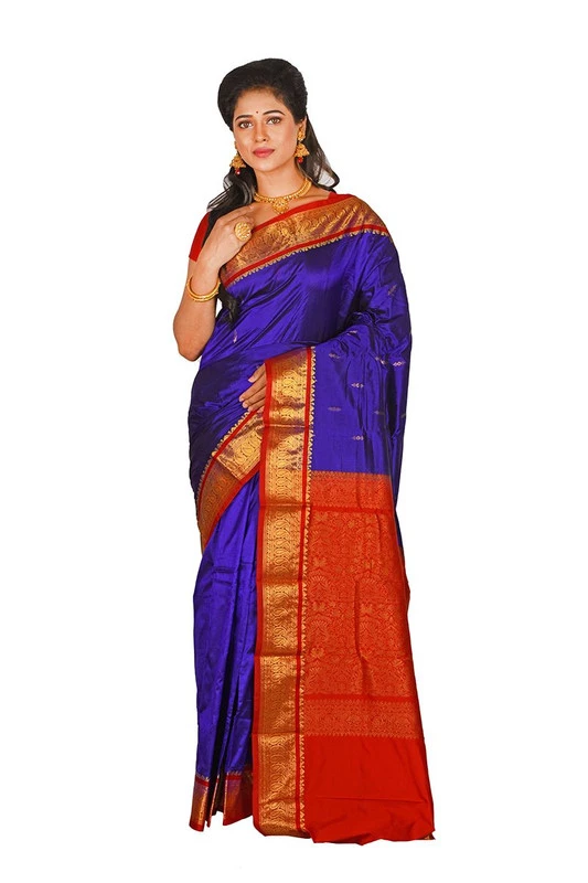 Nine Yards Kanchipuram Pure Silk Saree in Voilet with Red Contrast