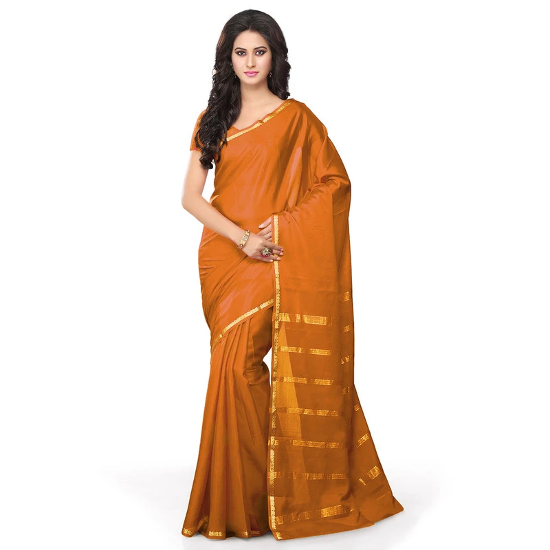 Woven  Orange Self Colour Pure Mysore Silk Mango Border Saree with Silk Mark