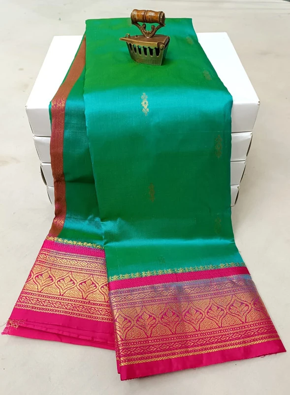 Aqua Green with Rani Contrast traditional silk saree with zari border for festive and wedding occasions