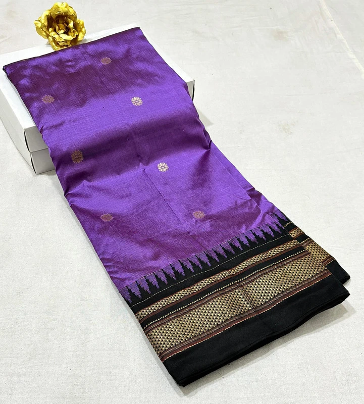 Lavender Purple pure Ilkaal Butta saree with Black zari contrast border and traditional gold motifs