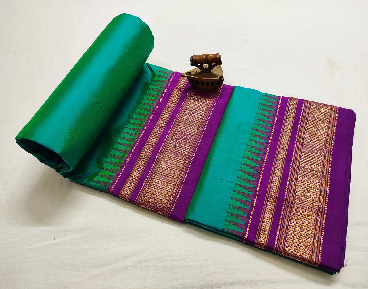 Sea Green Ilkaal plain pure saree with pink contrast zari border traditional handloom design