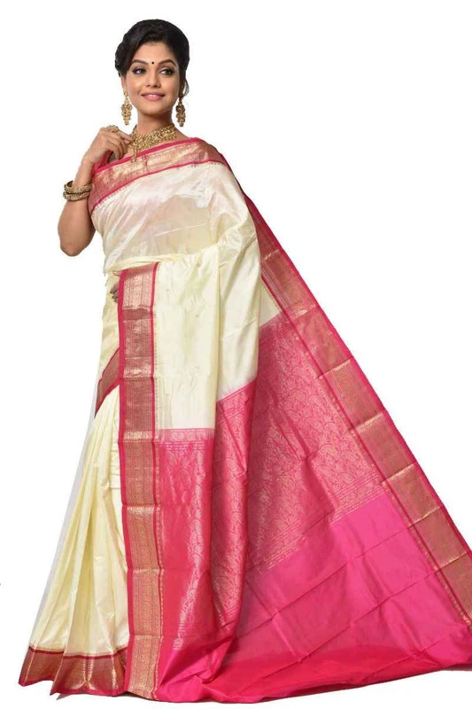 Kanchipuram Pure Silk Saree in Off White with Rani Contrast for Durga Pooja