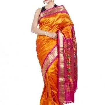 Paithani Pure Silk Metalic Orange with  Rani Border Meena Butta  Saree with Silk Mark