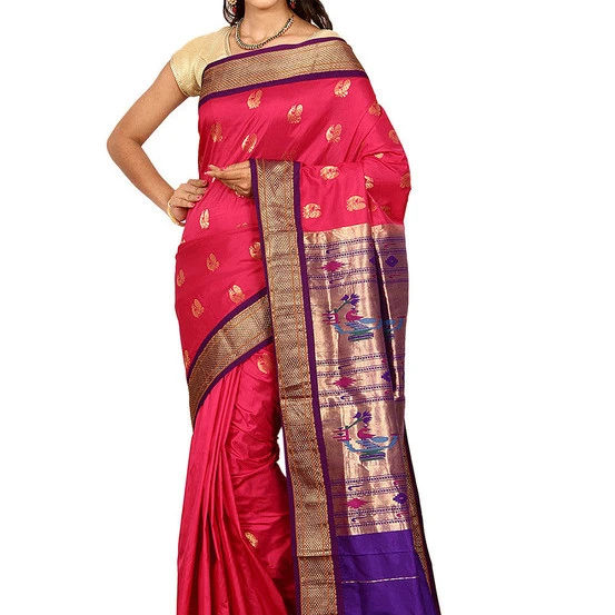 Paithani Pure Silk in Rani Pink with Voilet Contrast Border Meena Butta Saree with Silk Mark