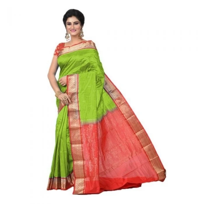Parrot Green and Red Contrast Traditional Kanchipuram Pure Silk Saree