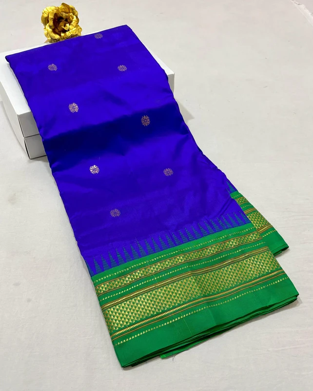 Royal Blue pure Ilkaal Butta saree with Green zari contrast border and traditional gold motifs