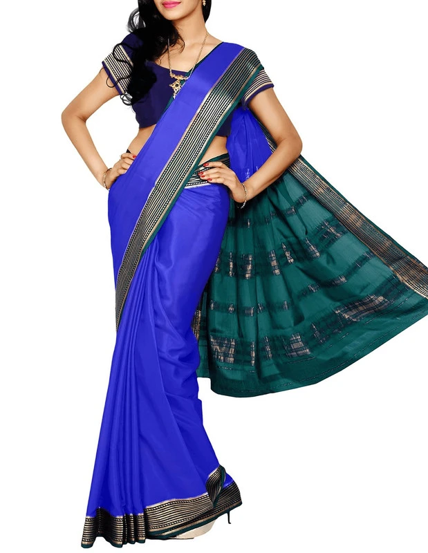 Blue with Green Contrast MultiLine Border Premium Quality Pure Mysore Silk Saree