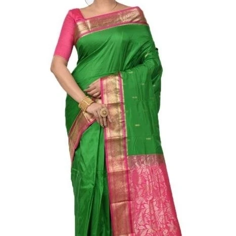 Green and Rani Pink Contrast Traditional Sarees for Arangetram in Kanjeevaram Silk