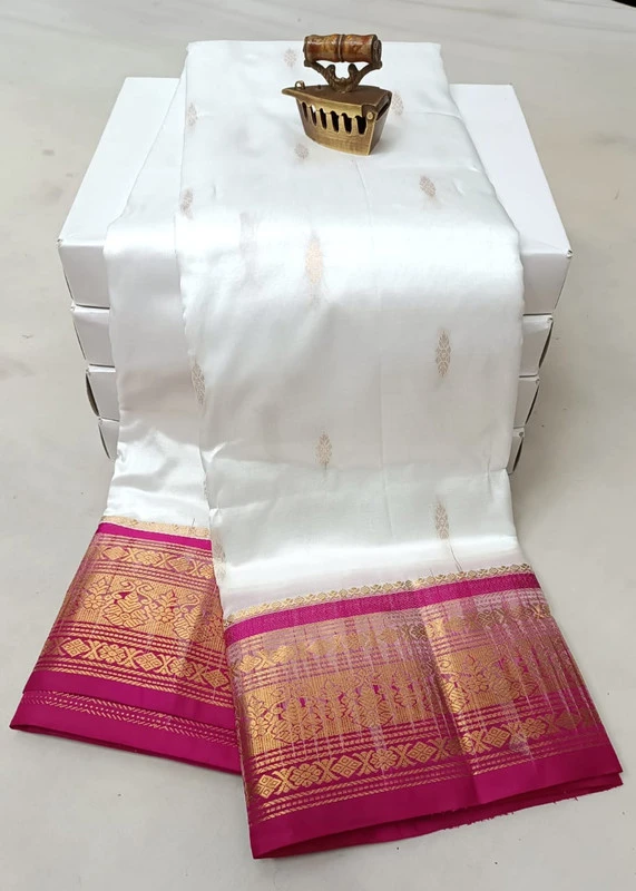 Milk White wih Rani Contrast Border traditional silk saree with zari border for festive and wedding occasions