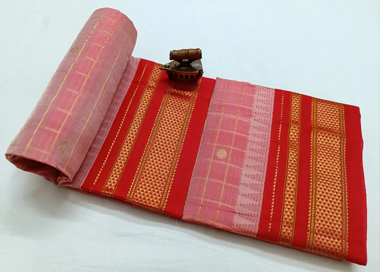 Pure Ilkaal Checks saree in Peach & Pink with zari border and traditional woven patterns